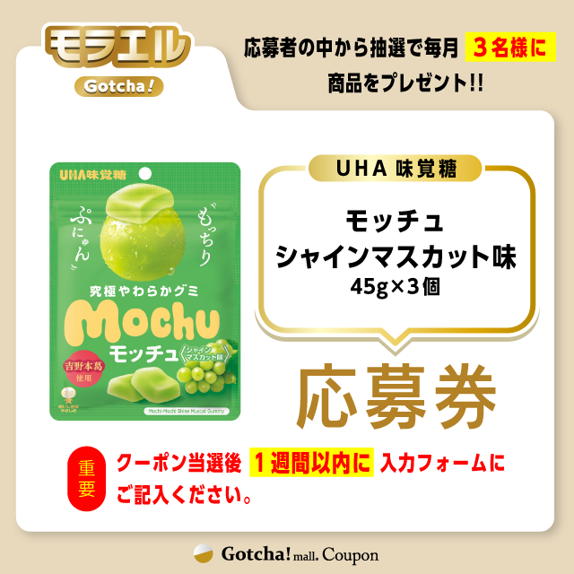 【モッチュ　シャインマスカット味】モラエルガッチャ!の応募券(モッチュ　シャインマスカット味)クーポン