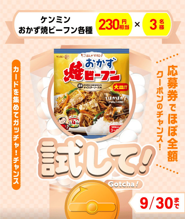 【ケンミン　おかず焼ビーフン各種】試してガッチャのお得なクーポンが当たるガッチャ