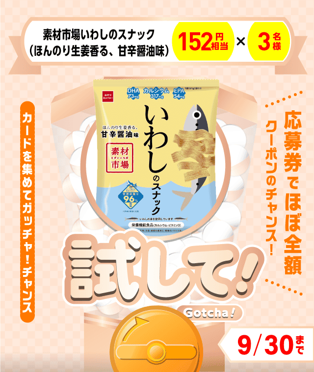 【素材市場いわしのスナック（ほんのり生姜香る、甘辛醤油味）】試してガッチャのお得なクーポンが当たるガッチャ