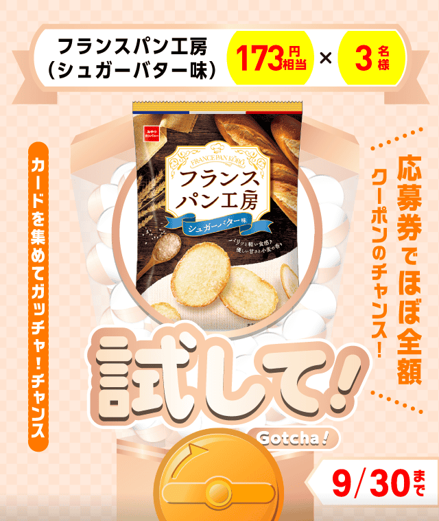 【フランスパン工房（シュガーバター味）】試してガッチャのお得なクーポンが当たるガッチャ