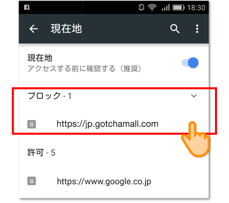 ブロック」項目に「jp.gotchamall.com」があればブロックされています